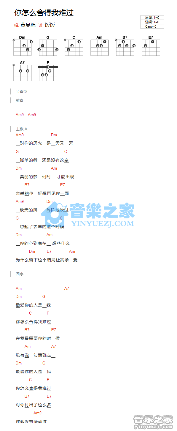 C调版 黄品源《你怎么舍得我难过》吉他和弦弹唱谱