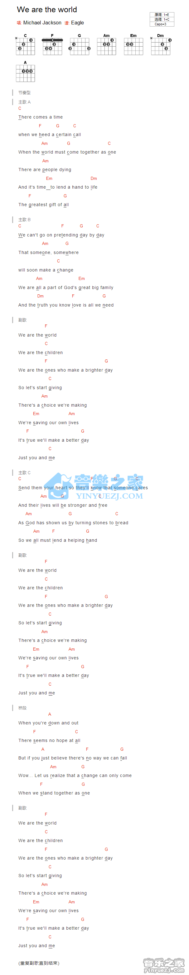 C调版 Michael Jackson《We are the word》吉他和弦弹唱谱