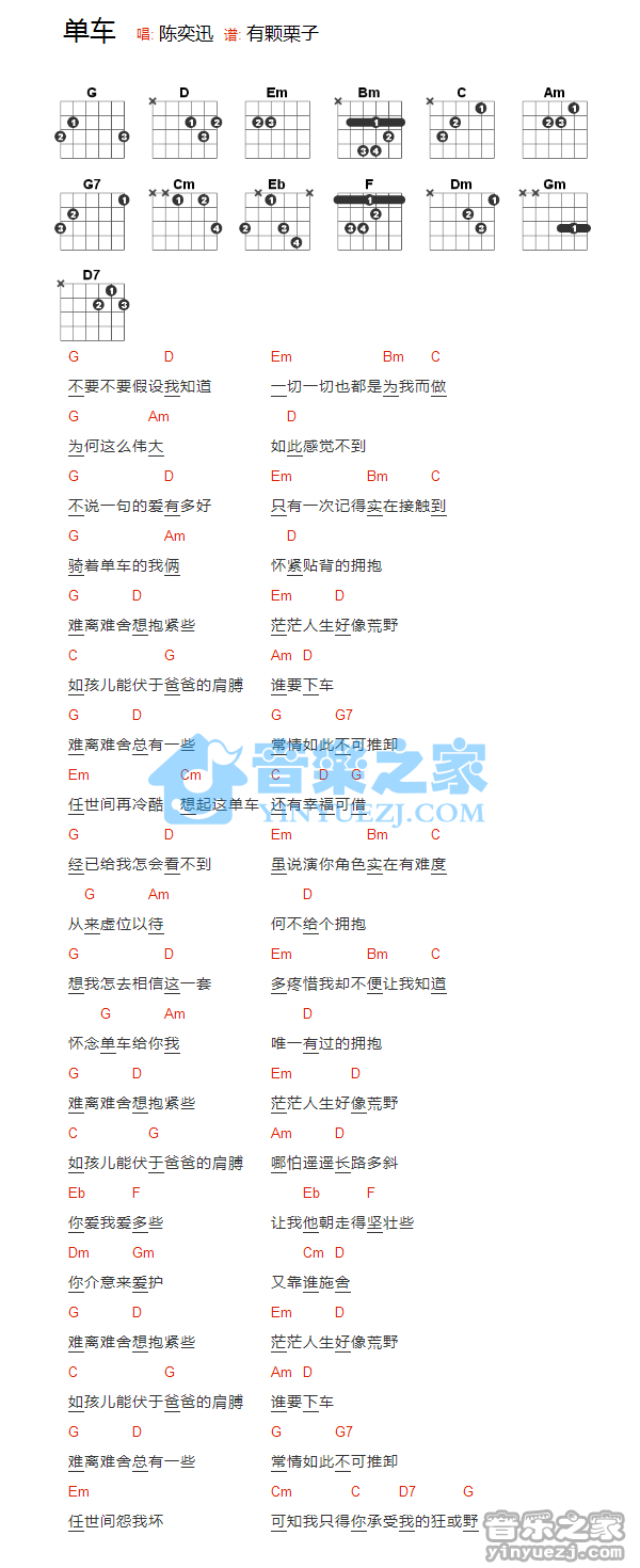 陈奕迅《单车》吉他和弦弹唱谱