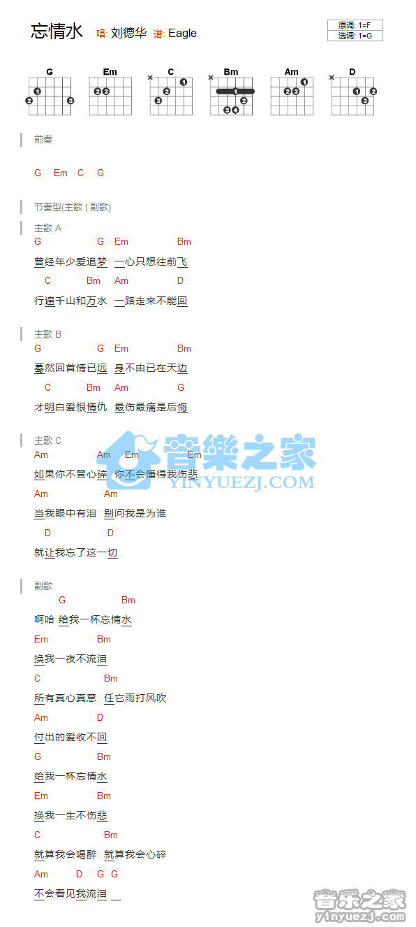 G调版 刘的坏《忘情水》吉他和弦弹唱谱
