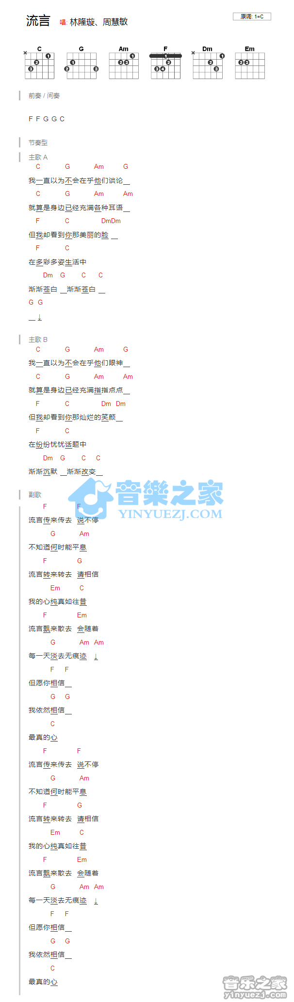 C调版 林隆璇/周慧敏《流言》吉他和弦弹唱谱