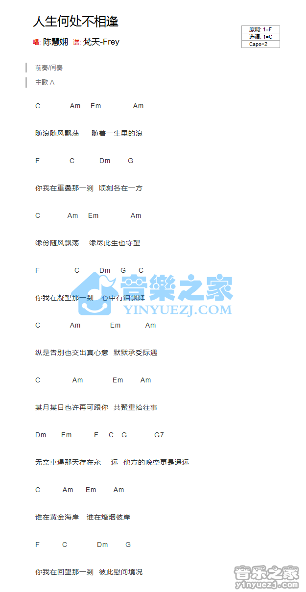 C调版 陈慧娴《人生何处不相逢》吉他和弦弹唱谱