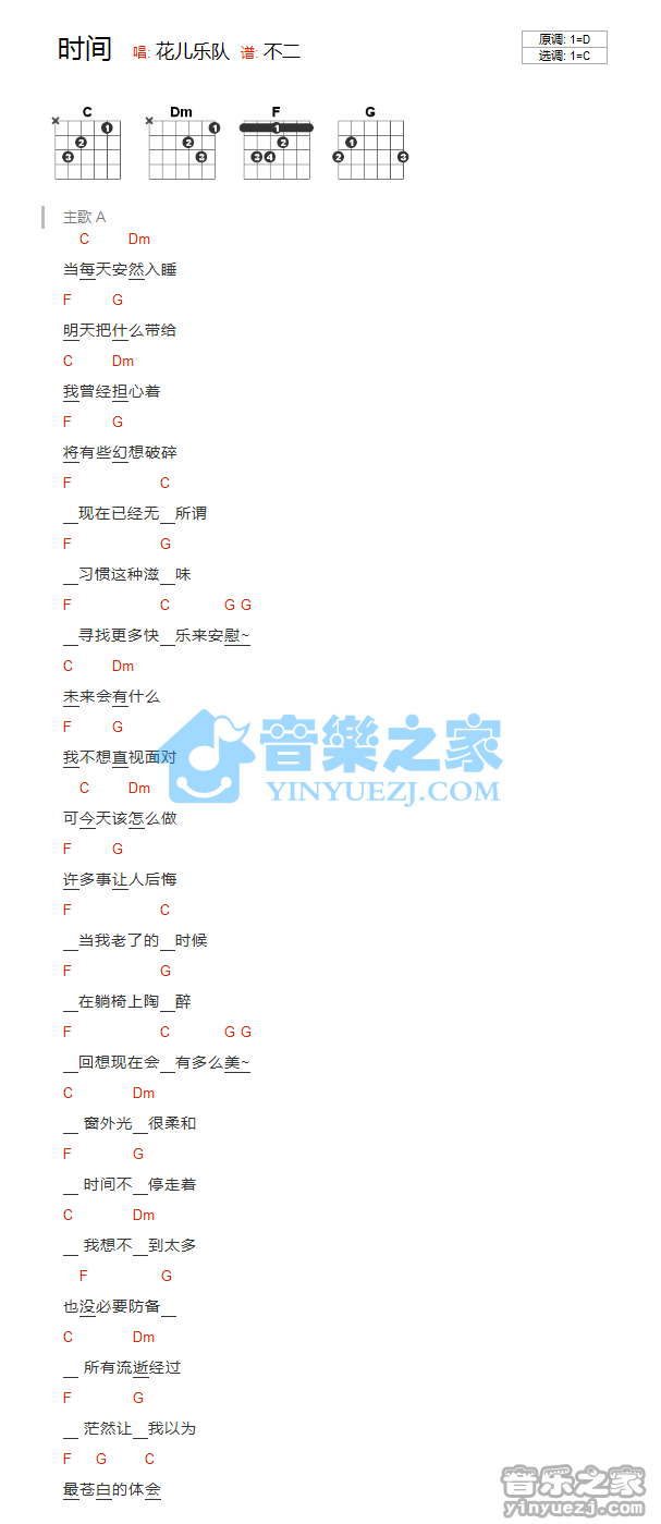 C调版 花儿乐队《时间》吉他和弦弹唱谱t
