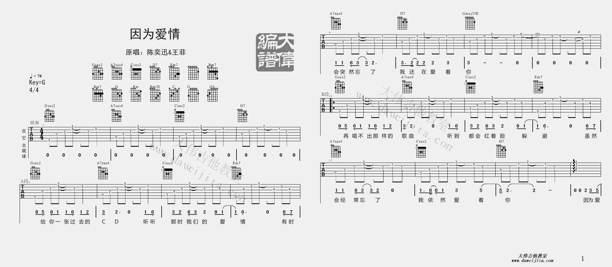 1大伟G调版 陈奕迅/王菲《因为爱情》吉他弹唱六线谱