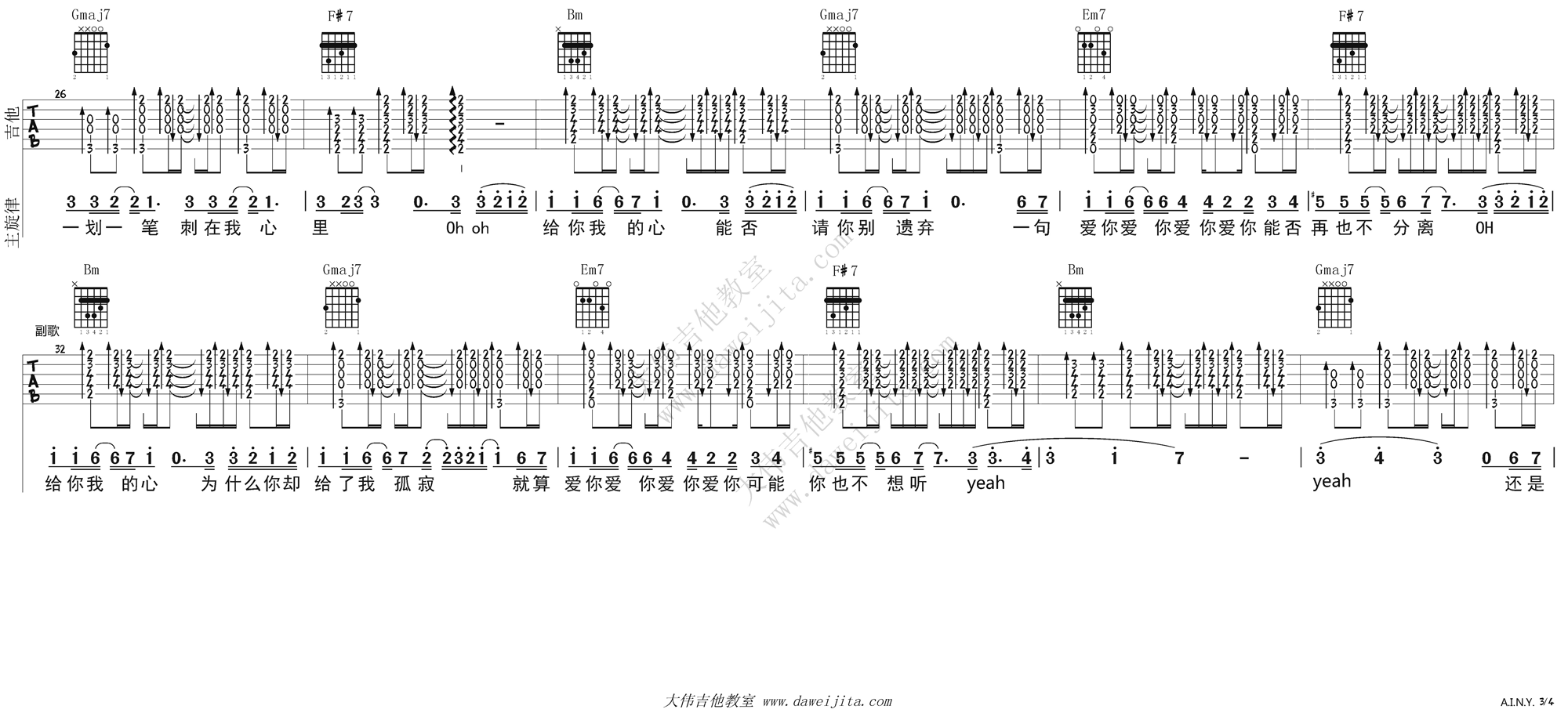 3大伟D调版 邓紫棋《A.I.N.Y.》爱你吉他弹唱六线谱
