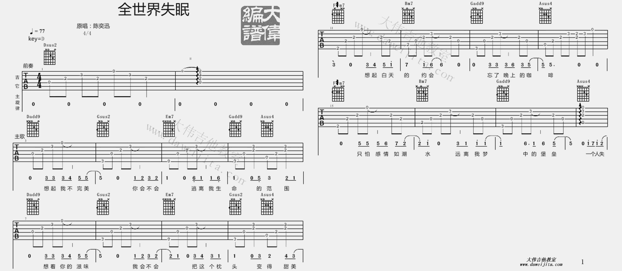 1大伟D调版 陈奕迅《全世界失眠》吉他弹唱六线谱
