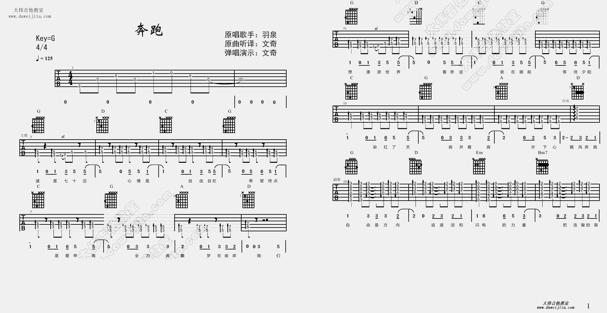 1大伟G调版 羽泉《奔跑》吉他弹唱六线谱
