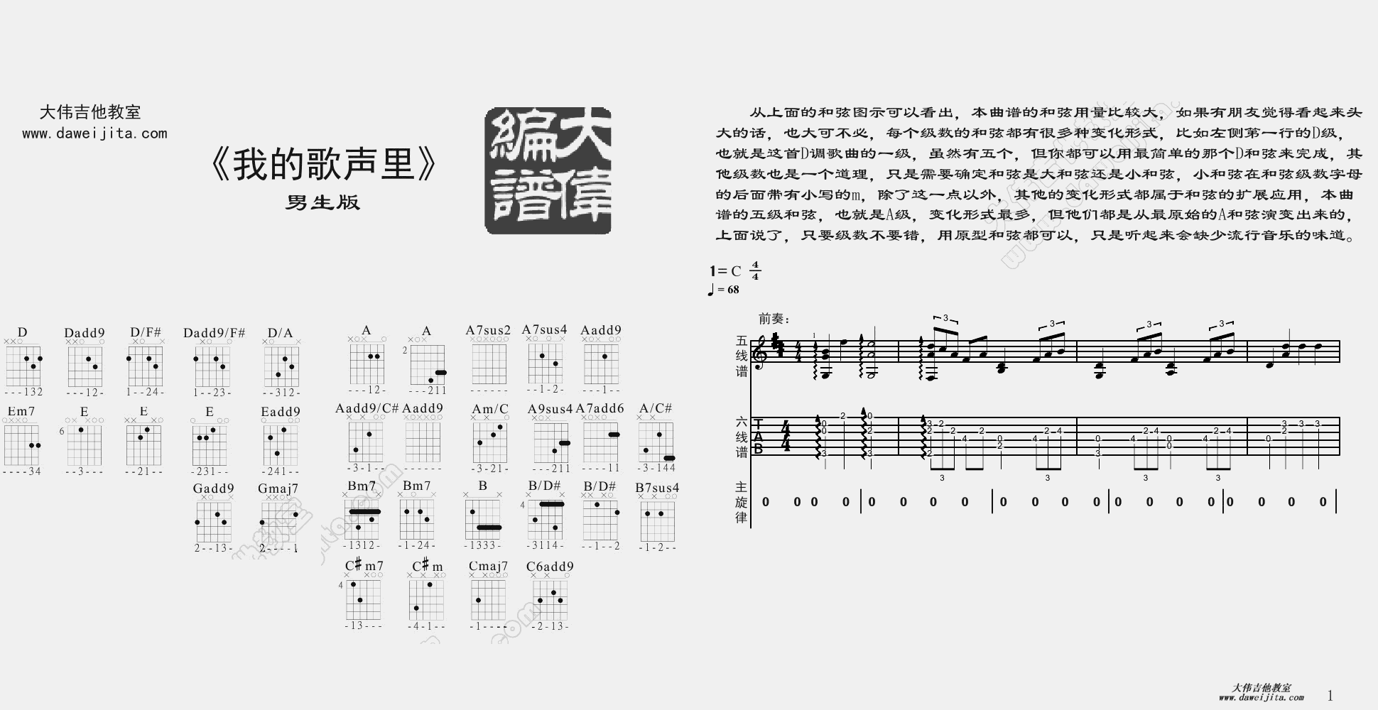 1大伟C调男生版 曲婉婷《我的歌声里》吉他弹唱六线谱