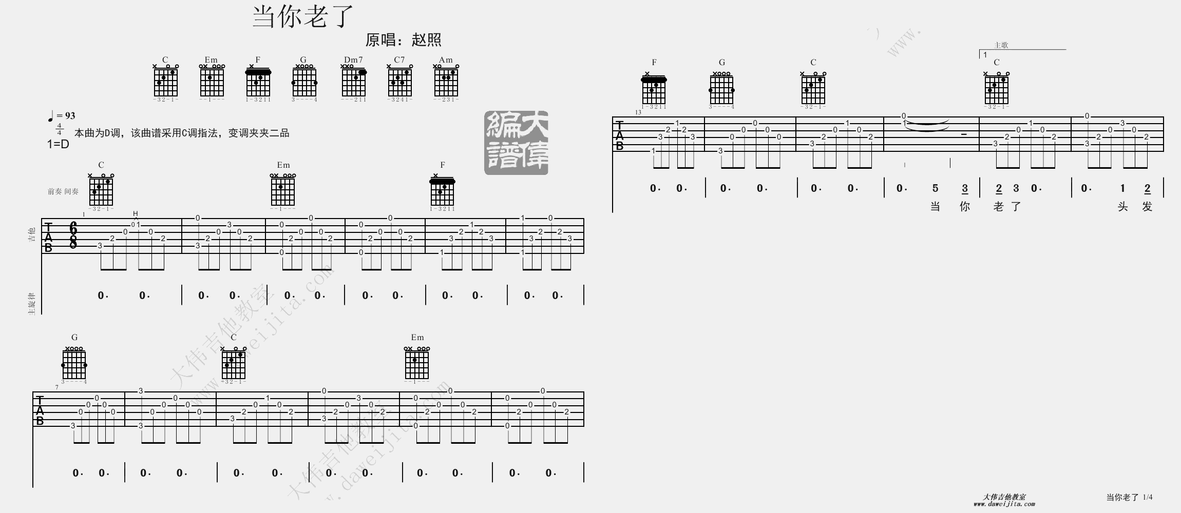 1大伟D调版 赵照《当你老了》吉他弹唱六线谱