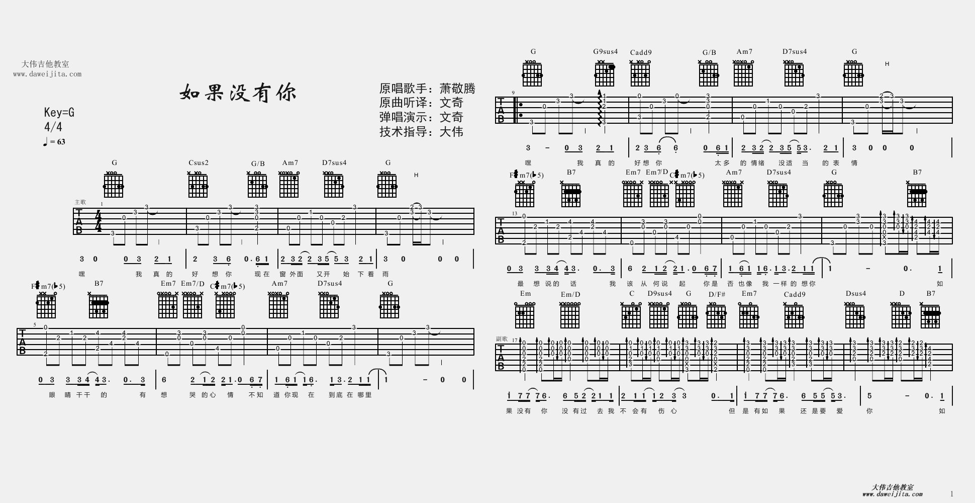1大伟G调版 莫文蔚《如果没有你》吉他弹唱六线谱