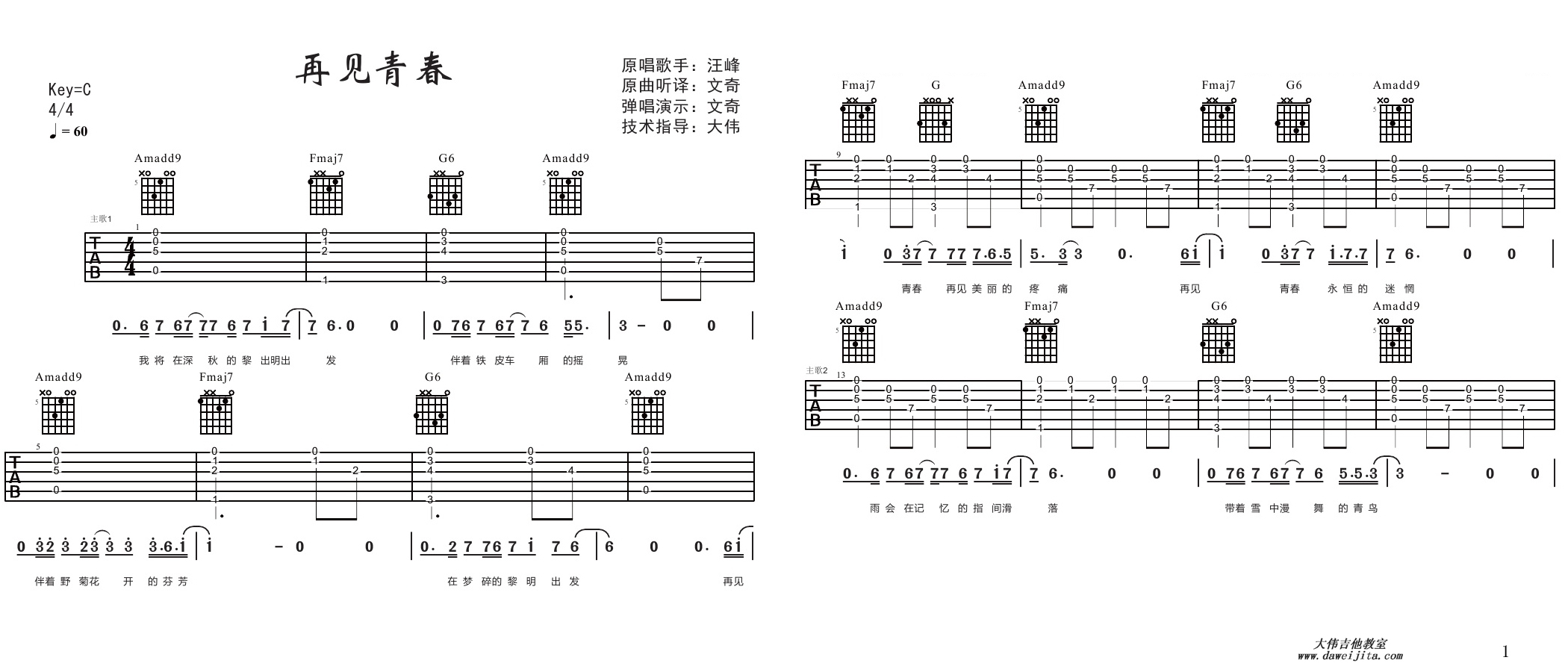 1大伟C调版 汪峰《再见青春》吉他弹唱六线谱