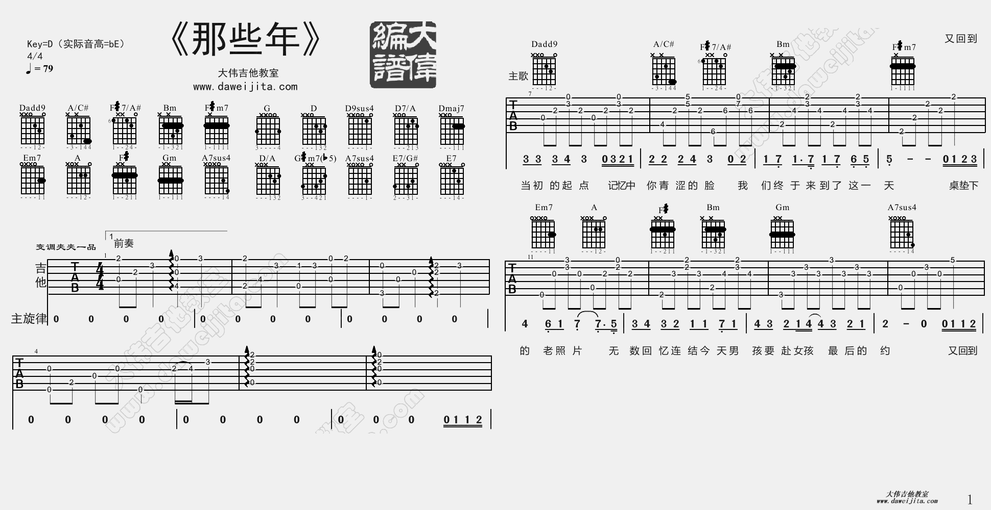 1大伟D调版 胡夏《那些年》吉他弹唱六线谱