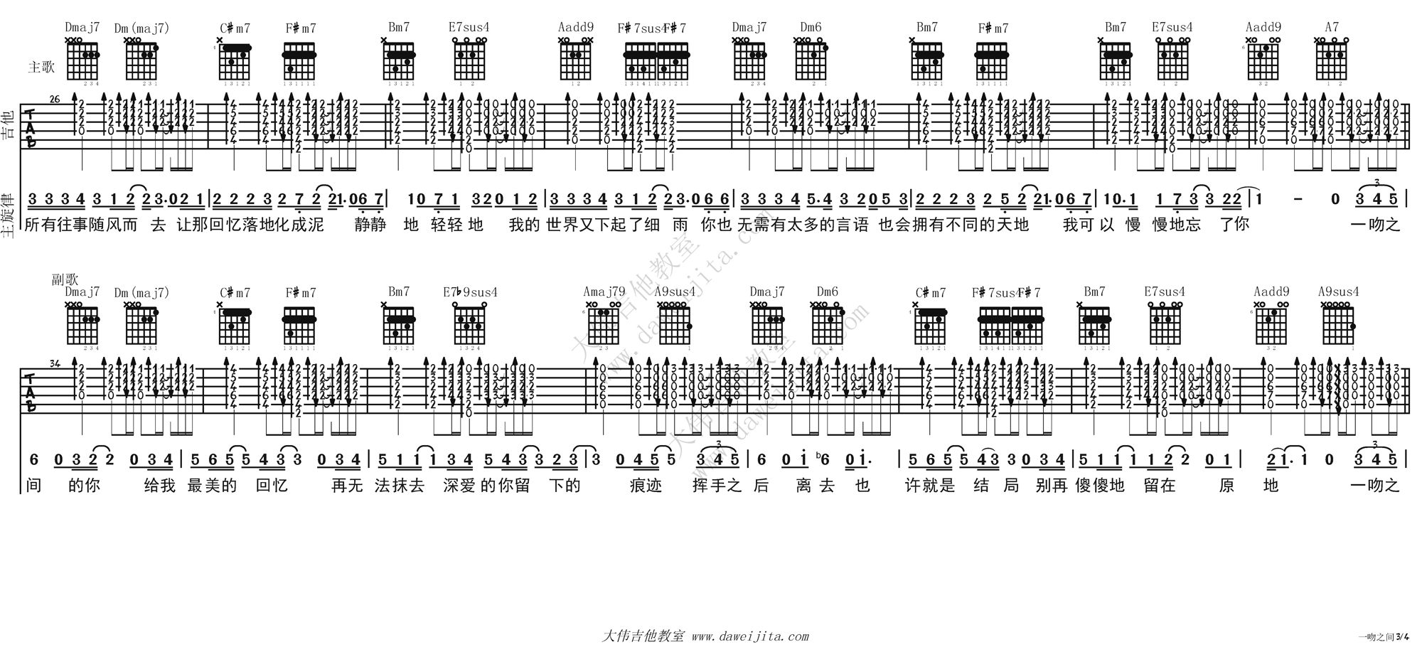 3大伟A调男生版 张碧晨《一吻之间》吉他弹唱六线谱