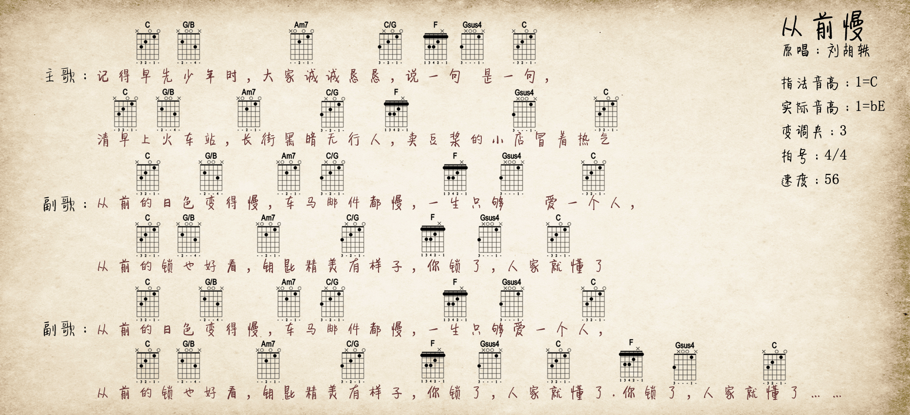 大伟C调和弦版 刘胡轶《从前慢》吉他弹唱谱