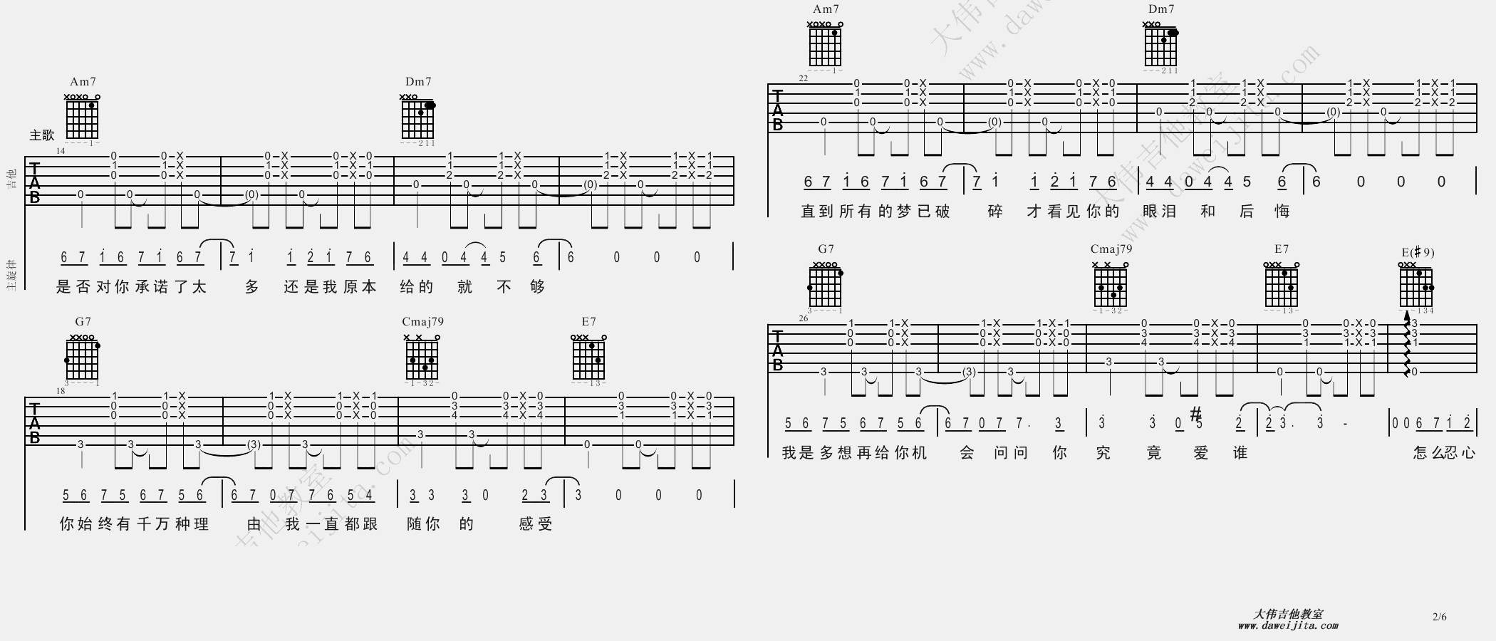 2大伟C调版 张信哲《过火》吉他弹唱六线谱