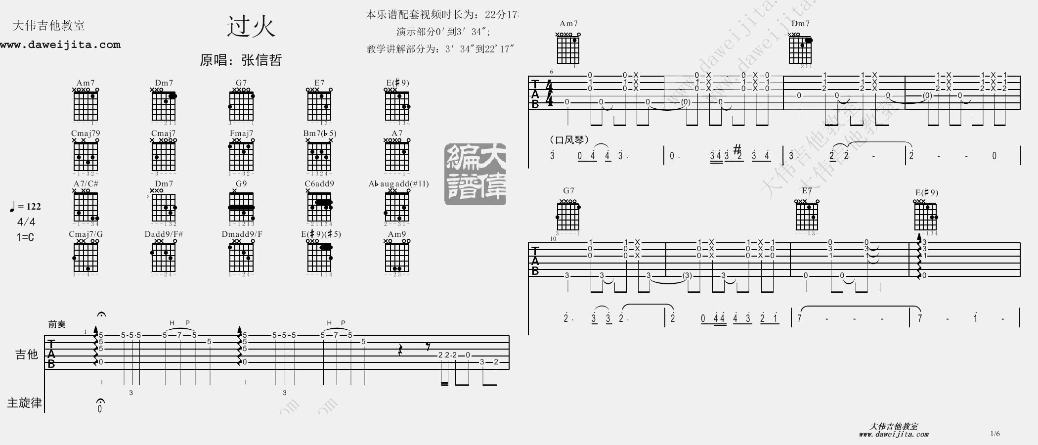 1大伟C调版 张信哲《过火》吉他弹唱六线谱