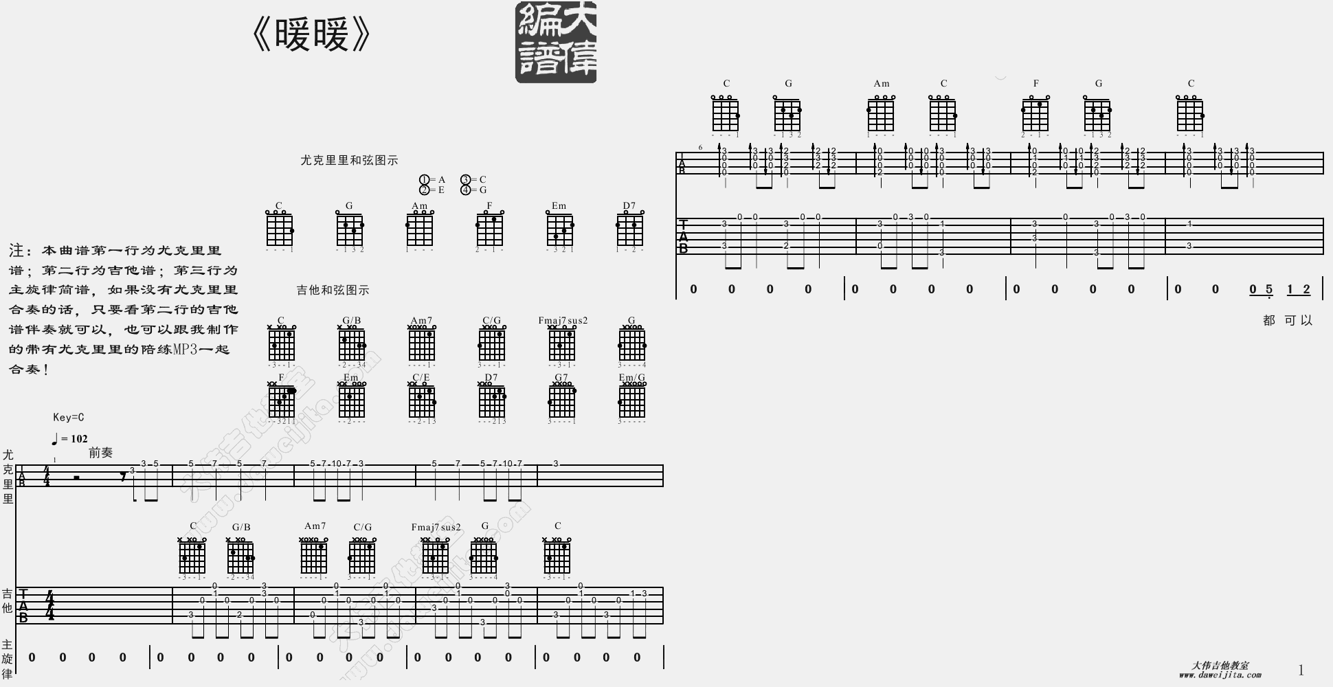 1大伟C调版 梁静茹《暖暖》吉他弹唱六线谱
