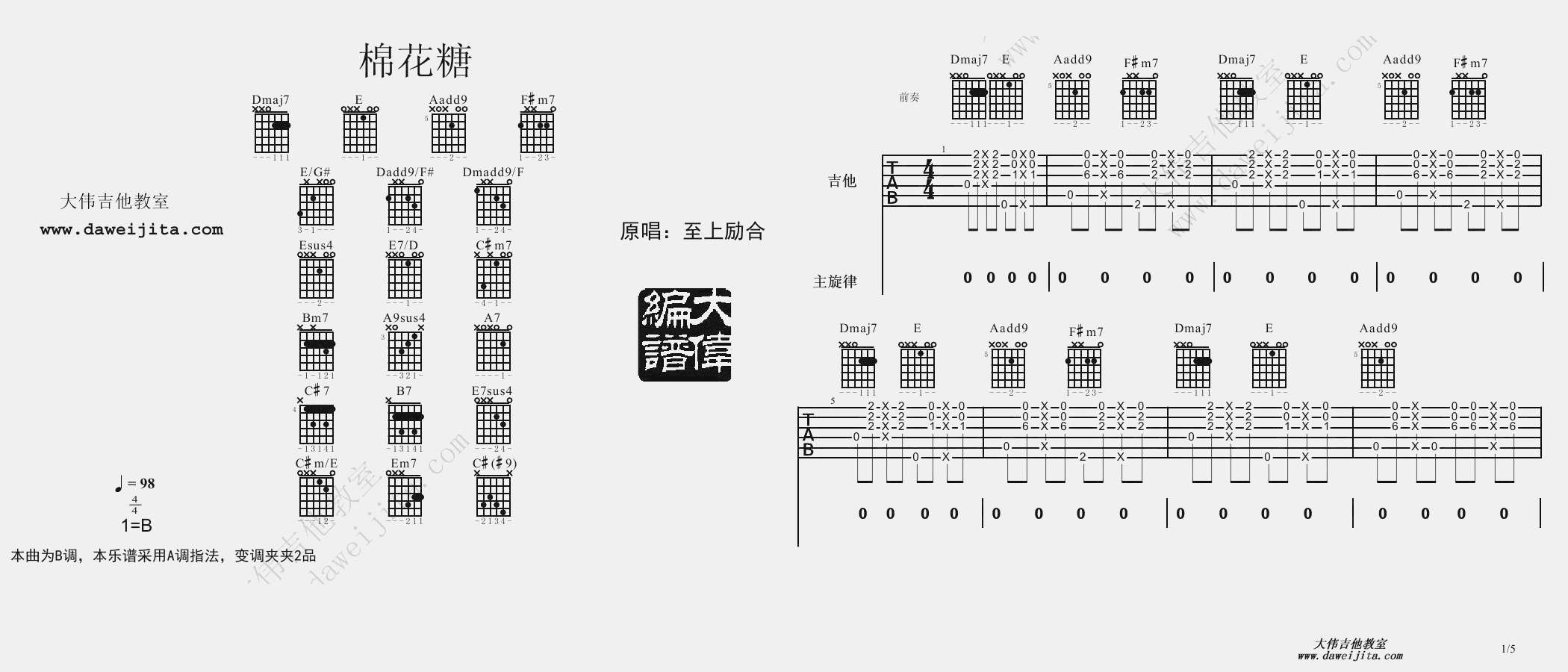 1大伟B调版 至上励合《棉花糖》吉他弹唱六线谱