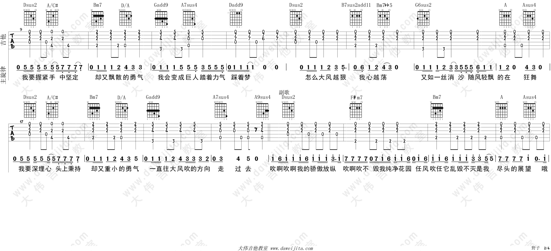2大伟六线版 苏运莹《野子》吉他弹唱谱