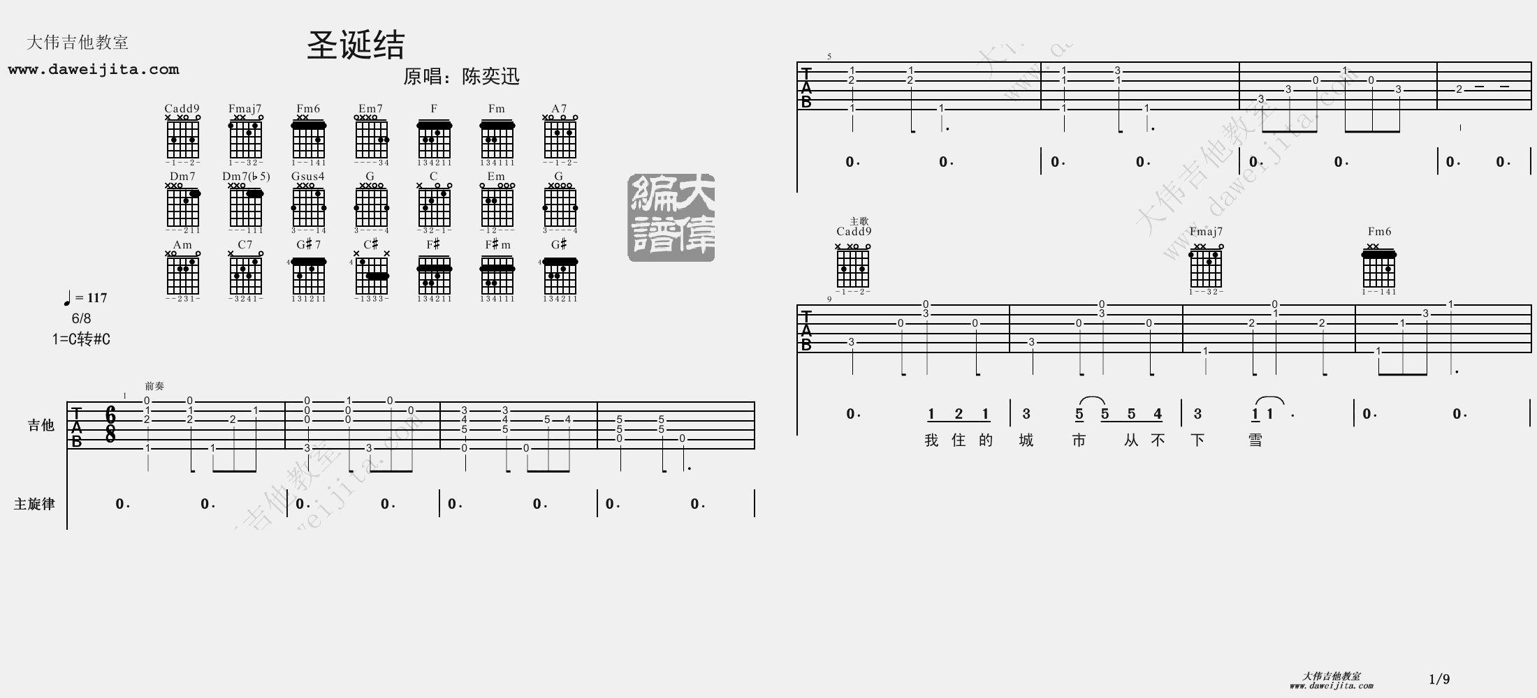 1大伟C调版 陈奕迅《圣诞结》吉他弹唱六线谱